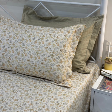 Green Floral with Polka King Size 5 piece Bedsheet Set | 4 pillow covers | side view 