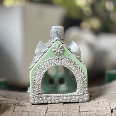 Green Handmade dhoop stand - hut style| Back View