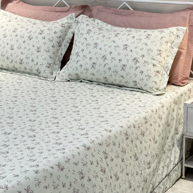 Green & Muted Rose Floral King Size Bedsheet Set (5 Pieces) with 4 Pillow Covers | full view