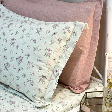 Green & Muted Rose Floral King Size Bedsheet Set (5 Pieces) with 4 Pillow Covers | side view