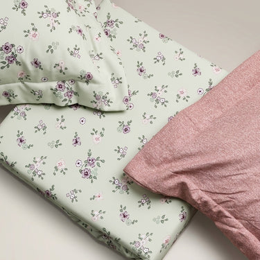 Green & Muted Rose Floral King Size Bedsheet Set (5 Pieces) with 4 Pillow Covers | top view