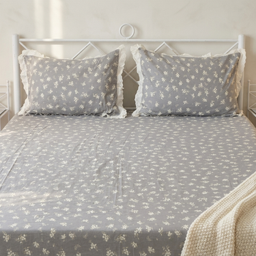 Grey Blossom Soft Cotton Feel Double Bed Bedsheet Set with Lace Detailed Pillow Covers (250 x 270 cm) | front view