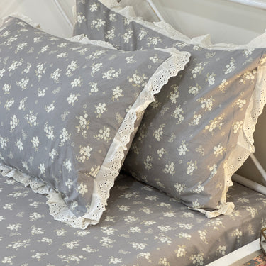 Grey Blossom Soft Cotton Feel Double Bed Bedsheet Set with Lace Detailed Pillow Covers (250 x 270 cm) | pillow view