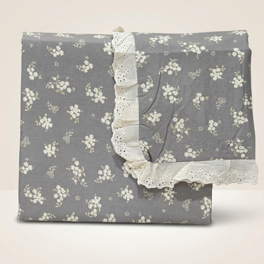Grey Blossom Soft Cotton Feel Double Bed Bedsheet Set with Lace Detailed Pillow Covers (250 x 270 cm) | studio front view