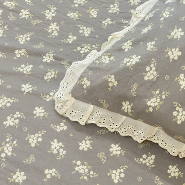 Grey Blossom Soft Cotton Feel Double Bed Bedsheet Set with Lace Detailed Pillow Covers (250 x 270 cm) |top view