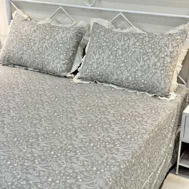 Grey Botanical Lace Print 400TC Cotton Bedsheet | King Size overall view 