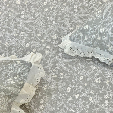 Grey Botanical Lace Print 400TC Cotton Bedsheet | King closeup view 