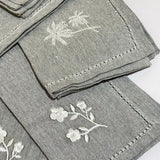 Grey Embroidered Floral Napkin Gift Set | Box of 6 - closeup view