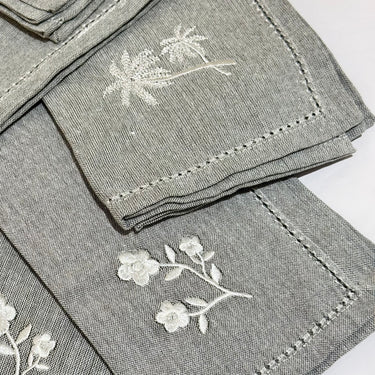 Grey Embroidered Floral Napkin Gift Set | Box of 6 - closeup view