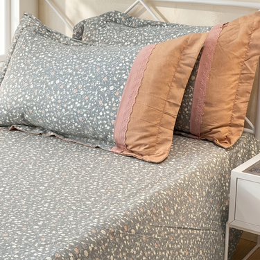 Grey Orange floral Soft Cotton Feel Double Bed Bedsheet Set with Lace Detailed Pillow Covers (250 x 270 cm) | pillow view
