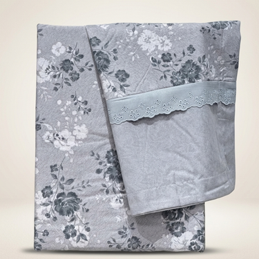 Grey floral Soft Cotton Feel Double Bed Bedsheet Set with Lace Detailed Pillow Covers (250 x 270 cm) | studio front view