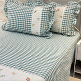 Gulmohar Blue Checkered 400 TC Pure Cotton Linen Embroidered Gingham Bedsheet | King Size | side view