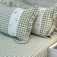 Gulmohar Green Checkered 400 TC Pure Cotton Linen Embroidered Gingham Bedsheet | King Size | side view