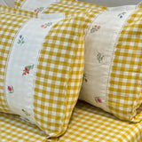 Gulmohar Yellow Checkered 400 TC Pure Cotton Linen Embroidered Gingham Bedsheet | 110 X 110 inches | focus view
