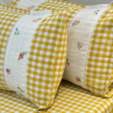 Gulmohar Yellow Checkered 400 TC Pure Cotton Linen Embroidered Gingham Bedsheet | 110 X 110 inches | focus view