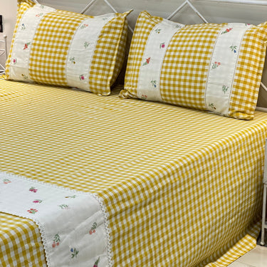 Gulmohar Yellow Checkered 400 TC Pure Cotton Linen Embroidered Gingham Bedsheet | 110 X 110 inches | full view