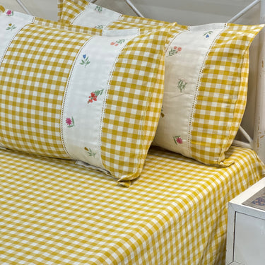 Gulmohar Yellow Checkered 400 TC Pure Cotton Linen Embroidered Gingham Bedsheet | 110 X 110 inches | side view