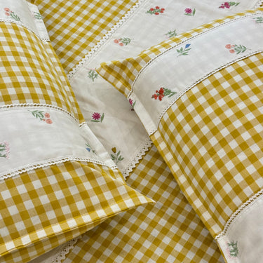 Gulmohar Yellow Checkered 400 TC Pure Cotton Linen Embroidered Gingham Bedsheet | 110 X 110 inches | top view