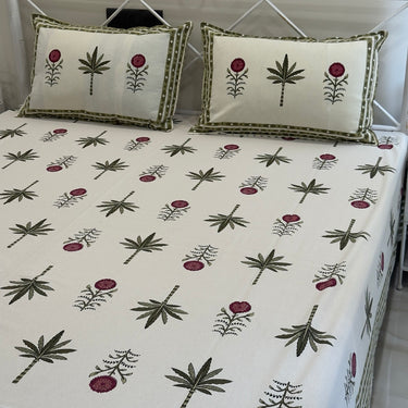 Handblocked Floral & Palm Cotton Bedsheet | full view
