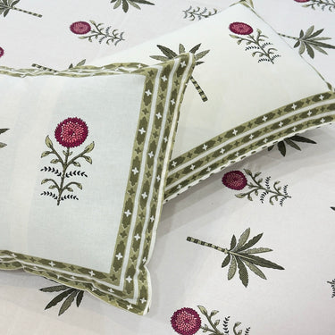 Handblocked Floral & Palm Cotton Bedsheet | pillow view