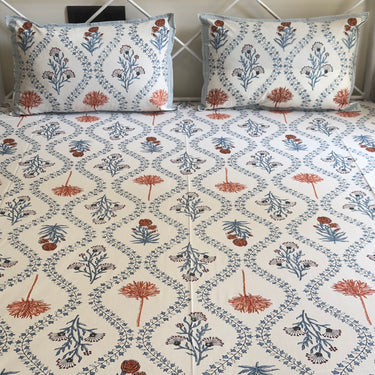 Handblocked Mughal Floral Pure Cotton Bedsheet | front view