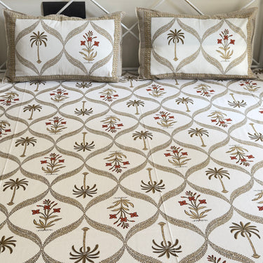 Handblocked Palm & Floral Pure Cotton Bedsheet | front view