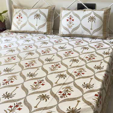 Handblocked Palm & Floral Pure Cotton Bedsheet | side view
