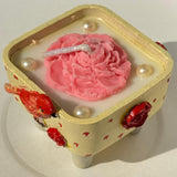 Handcrafted Bird & Blossom Cement Candle | Ivory Gold Holder with Pink Floral Wax Design Overall view