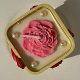 Handcrafted Bird & Blossom Cement Candle | Ivory Gold Holder with Pink Floral Wax Design Top view