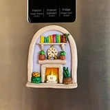 Handcrafted Clay Fridge Magnet – Cozy Fireplace Scene | Decorative Magnet for Home | front angle