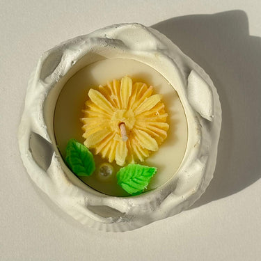 Handcrafted Floral Soy Candle | Yellow Blossom Candle with Botanical Accents Top view