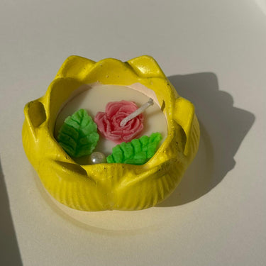 Handcrafted Yellow Petal Soy Candle | Floral Cement Candle with Pink Rose & Botanical Accents Overall view