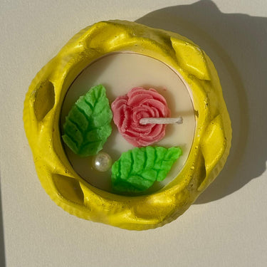Handcrafted Yellow Petal Soy Candle | Floral Cement Candle with Pink Rose & Botanical Accents Top view