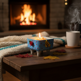 Handmade Blue Butterfly Floral Candle in Clay Pot | front view