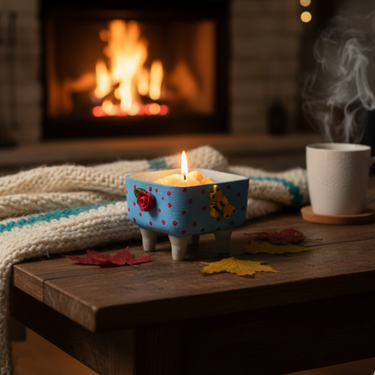 Handmade Blue Butterfly Floral Candle in Clay Pot | front view