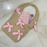 Handmade Crochet Cotton Tote Bag with Pink Bows Made by Mother | Creative view