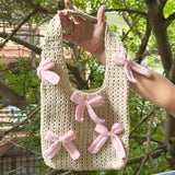 Handmade Crochet Cotton Tote Bag with Pink Bows Made by Mother | Front view
