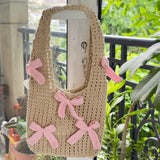 Handmade Crochet Cotton Tote Bag with Pink Bows Made by Mother | Side view