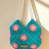 Handmade Crochet Floral Bag with Pearl Strap | front view