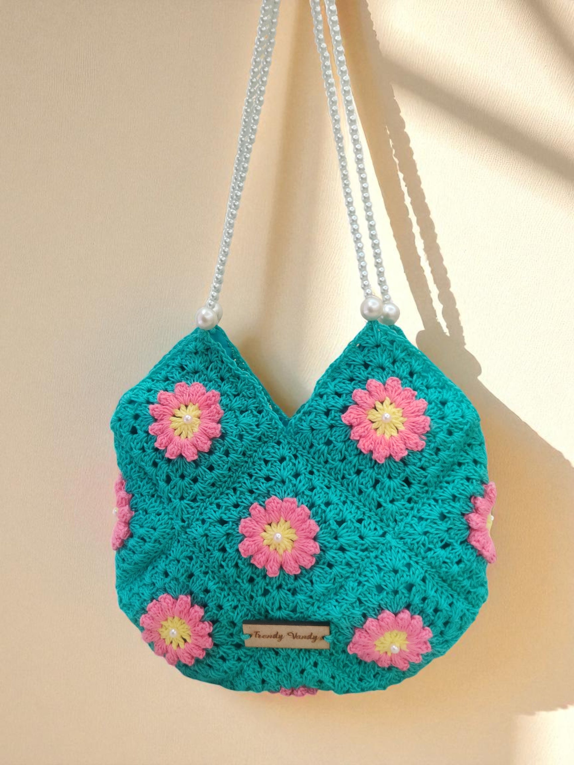 Handmade Crochet Floral Bag with Pearl Strap Made By Mother
