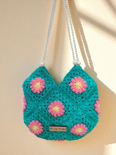 Handmade Crochet Floral Bag with Pearl Strap | front view