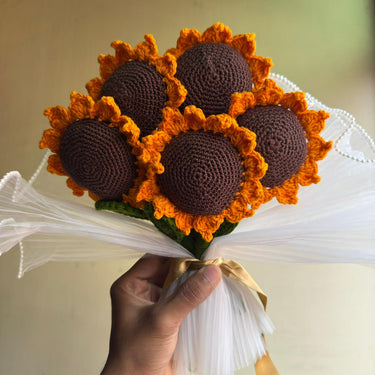 Handmade Crochet Sunflower Bouquet – Set of 5 | Eco-Friendly Yarn Flowers | Handcrafted Sunflowers for Home Décor & Gifting Overall view