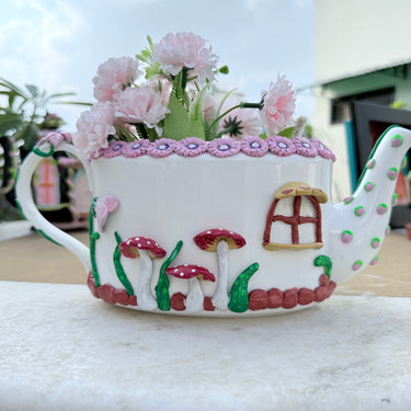 Handmade Decorative Teapot | Whimsical Cottage Style Home Décor & Centerpiece back view 