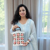 Handmade Floral Granny Square Crochet Bag with Wooden Handles | creative view