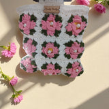 Handmade Floral Granny Square Crochet Bag with Wooden Handles | top view