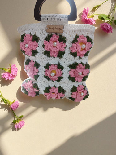 Handmade Floral Granny Square Crochet Bag with Wooden Handles | top view