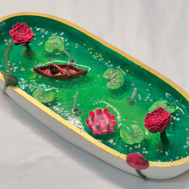 Handmade Gel Wax Candle with Lotus & Boat Design | Artistic Oval Centerpiece overall view