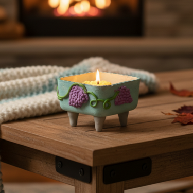 Handmade Grape Candle in Decorative Clay Pot | front view