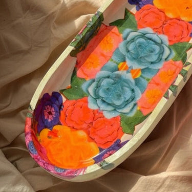Handmade Multicolor Floral Oval Decoupage Tray | focus view