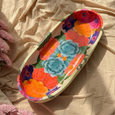 Handmade Multicolor Floral Oval Decoupage Tray | full view